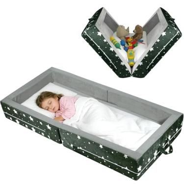 Imagem de laapee Cama de viagem portátil para crianças de 3 a 6 anos com espuma macia de 9 cm, berço de viagem 2 em 1 e caixa de armazenamento, capa lavável, cinza