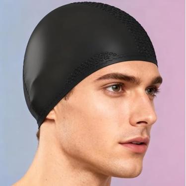 Imagem de Touca de natação de silicone impermeável para adultos, cabelo longo, ajuste confortável, chapéu de natação para homens e mulheres (preto)