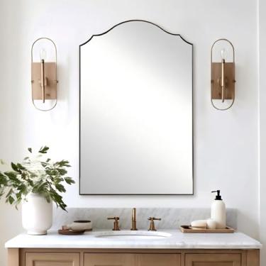 Imagem de ANDY STAR Espelho arqueado recortado, espelho de manto dourado escovado de 61 x 91 cm com moldura de metal de aço inoxidável, espelhos de parede modernos para banheiro, quarto, lareira, sala de estar