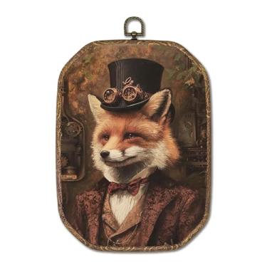 Imagem de Hxlac Arte de parede retangular de raposa vintage emoldurada, decoração de parede retangular de raposa temperamental escura, impressão em tela de animais de fazenda, casa, sala de estar, quarto