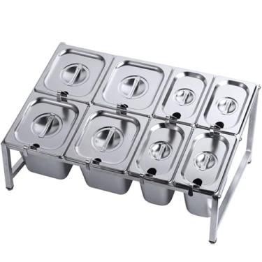 Imagem de Conjunto de suporte de temperos de aço inoxidável 304 com 8 panelas, colheres e tampas - Organizador de geleia de 2 fileiras para armazenamento de bancada de cozinha, armário de prateleira prata