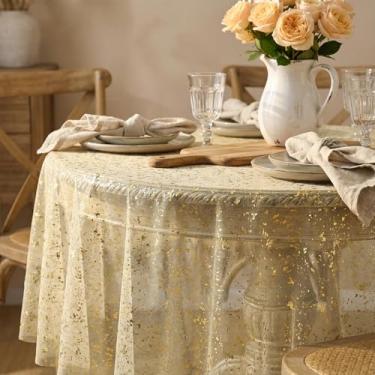 Imagem de Horaldaily Toalha de mesa de gaze de damasco redonda, 152 x 152 cm, folha metálica com glitter de lantejoulas douradas, gaze de tule transparente para casamento, chá de bebê, cerimônia de aniversário