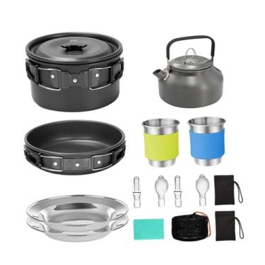 Imagem de KiBcsLic Kit de utensílios de cozinha para camping: copos, pratos, garfos, conjunto portátil para cozinhar em camping, incluindo panela, frigideira e chaleira, Preto