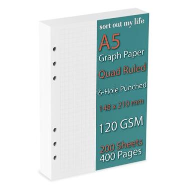 Imagem de Refil de papel milimetrado A5, perfurado com 6 furos, pautado quádrupla, 120 g/m², 200 folhas (400 páginas), 14,8 x 21 cm, quadrados de 1/4 polegada para fichários planejadores de 6 anéis