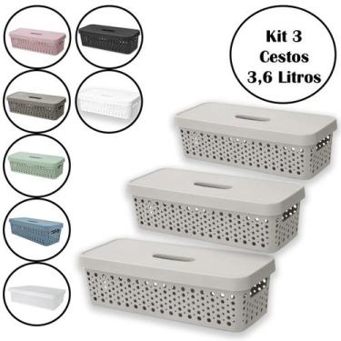 Imagem de Kit 3 Cestos Organizador 3,6 Litros Multiuso Com Tampa - Usual Utilida