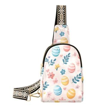 Imagem de CEBUGI Bolsa tiracolo feminina de couro com ovos coloridos de Páscoa, bolsa de peito para caminhadas, viagens ao ar livre