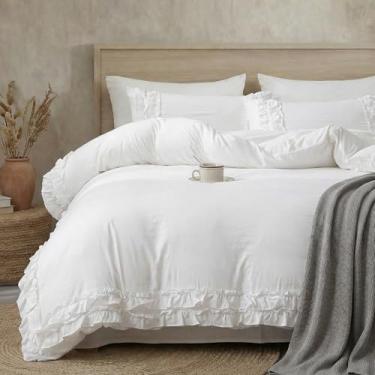 Imagem de Bedorm Conjunto de capa de edredom branco com babados, solteiro, chique, plissado, casa de fazenda, branco puro, extra macio e fácil de cuidar, conjunto de capa de edredom boho
