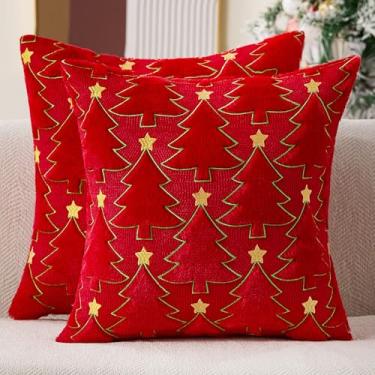 Imagem de Allorry Capas de almofada de Natal 45,7 x 45,7 cm, conjunto de 2 capas de almofada de árvore de Natal com pentagrama vermelho para decoração de sofá de pele sintética de pelúcia para inverno, Natal