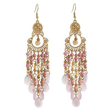 Imagem de fxmimior Brincos femininos vintage boêmios com contas coloridas em forma de gota com filigrana dourada, joia tribal étnica para festas e uso diário, Medium, Metal, Liga metálica.