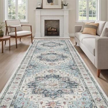 Imagem de Madane 4 x 12 corredores largos: tapete lavável para entrada sala de estar tapete antiderrapante macio vintage para cozinha, sala de jantar, berçário, quarto, tapete fino (azul, 1,2 x 3,7 m)