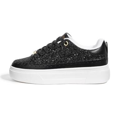 Imagem de LUCKY STEP Tênis feminino com glitter, plataforma, brilhante, brilhante, cano baixo, couro sintético, casual, Glitter preto, 40