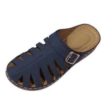 Imagem de Sandálias femininas de verão baotou com parte inferior grossa meia pantufa salto plataforma sapatos casuais confortáveis para atividades ao ar livre, Azul marino, 35