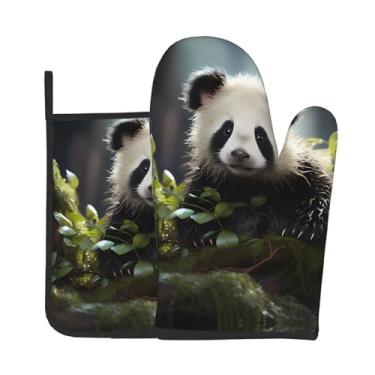 Imagem de Conjunto de 2 peças de luvas de forno com estampa Panda Cubs in The Forest, adequado para cozinhar, assar e grelhar ao ar livre