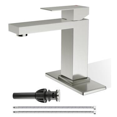 Imagem de BATH FAMOLI Torneira de banheiro de níquel escovado, torneira de banheiro de orifício único, torneiras modernas de banheiro de aço inoxidável de alça única para pia 1 furo com rolha de drenagem pop-up