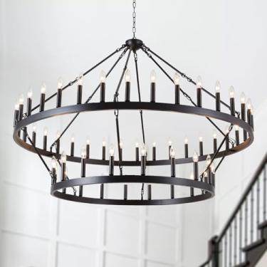 Imagem de HHR Lustre de roda de vagão 2 níveis 54 luzes, lustre grande de 152 cm, luminária pendente rústica redonda para tetos altos, hall de entrada, sala de jantar E12