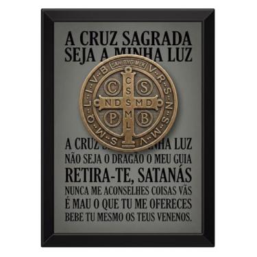 Imagem de Quadro São Bento Medalha Com a Oração Fundo Cinza Letras Pretas (Moldura Branca, 50x70cm)