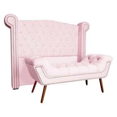 Imagem de Kit Provença Cabeceira De Cama Box E Calçadeira Baú Casal 140 Cm Veludo Rosa Claro Sj Móveis E Decoração