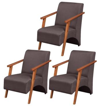 Imagem de Kit 3 Poltronas Venus 1 Lugar Braço Madeira Maciça Tecido Suede Unidecor Marrom