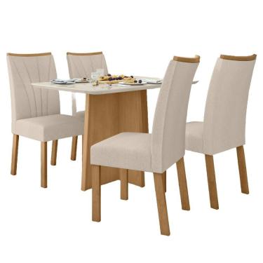 Imagem de Conjunto Mesa De Jantar 1,20 Com Vidro E 4 Cadeiras Tecido Linho Bege Amendoa Clean-off White