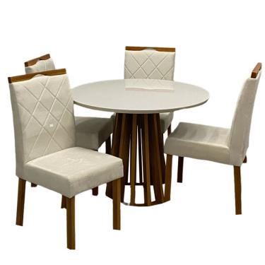 Imagem de Mesa de Jantar Berlim 100cm Redonda com Vidro e 4 Cadeiras California em Linho Estofadas Cel Móveis Cor Cinamomo Off White com Tecido Bege