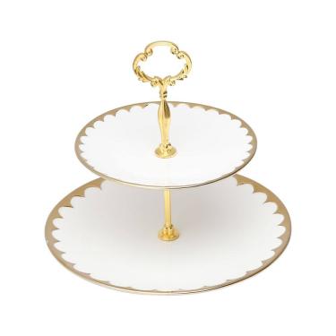 Imagem de Prato Duplo de Porcelana P/Doces EGG Branco/Dourado 27x19cm Wolff