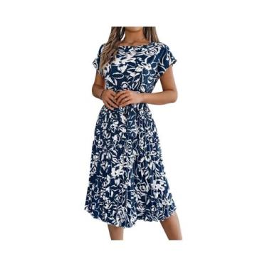 Imagem de Vestido Floral Plissado Feminino Com Decote Redondo E Manga Curta, Est