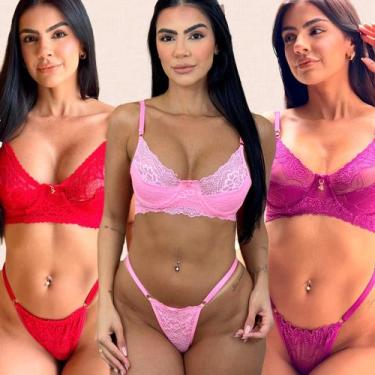 Imagem de Kit 3 Conjuntos Lingerie Sem Bojo Com Aro Calcinha Fio Dental Revenda 
