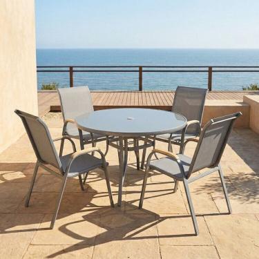 Imagem de Kit com 4 Cadeiras de Alumínio para Jardim Pipa e Mesa em Alumínio e Tampo em Vidro Arpoador Cinza