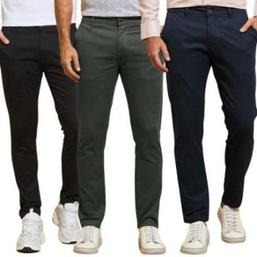 Imagem de Kit 3 Calças de Sarja Chino Com Bolso Traseiro Embutido Alfaiataria-Masculino
