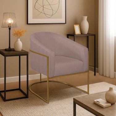 Imagem de Poltrona Decorativa Jade Moderno Escritório Confortável Luxo Base De Ferro Dourado Linho Rosê