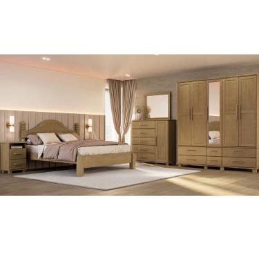 Imagem de Conjunto Quarto Ouro Freijó: Guarda-Roupa 5 Portas, Cama Casal, Cômoda Sapateira e 2 Mesas Cabeceiras Madeira Pinus