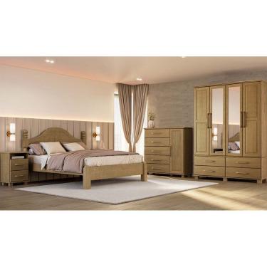 Imagem de Conjunto Quarto Ouro: Guarda-Roupa 4 Portas, Cama Queen, Cômoda Sapateira e 2 Mesas Cabeceiras Freijó Madeira Pinus