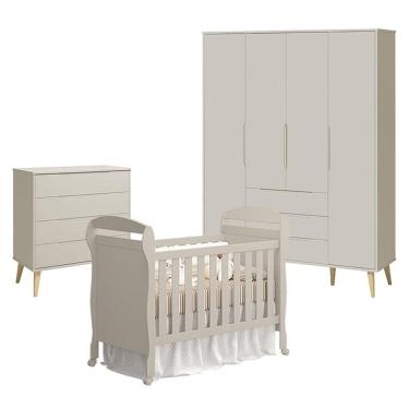 Imagem de Quarto De Bebê 4 Portas Com Cômoda Gaveteiro Elfe Retrô E Berço Americano Danny Areia Acetinado Natural - Reller