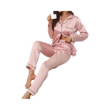 Imagem de Conjunto De Pijama De Seda Para Mulheres Com Camisa De Manga Longa E B
