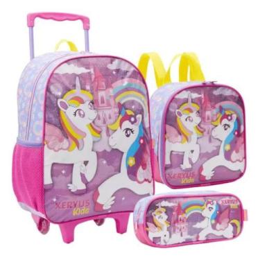 Imagem de Mochila Rodinhas Unicórnio Arco Íris Lancheira Estojo Rosa Infantil Xe