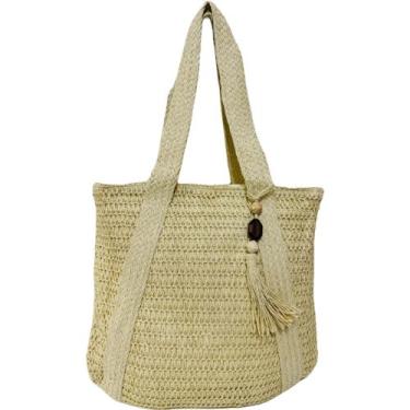 Imagem de Bolsa de Palha Decorada Tassel Praia Piscina Verão Viagem - Kyra, Bege