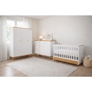 Imagem de Conjunto Infantil Ternura com Berço 2 em 1 Guarda Roupa 3 Portas Cômoda 5 Gavetas MDP Branco Bartira Móveis