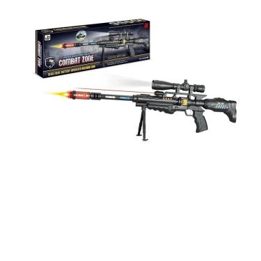 Rifle sniper de brinquedo de madeira com mira telescópica isolada no fundo  branco