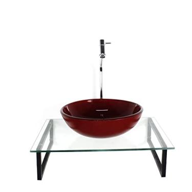 Imagem de KIT CUBA DE VIDRO REDONDA 10MM VERMELHO CEREJA TAMPO 50CM INCOLOR COM SUPORTE TORNEIRA VALVULA