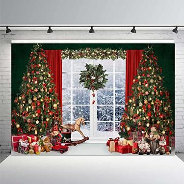 Imagem de MEHOFOND Pano de fundo de Natal de inverno para fotografia árvore de natal de inverno interior Papai Noel ano novo feliz fundo retrato de recém-nascido chá de bebê família férias suprimentos de festa decorações 2,16 x 1,5 m