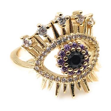 Imagem de LESLIE BOULES Anel Evil Eye banhado a ouro 18 K com tamanho ajustável Joia de proteção