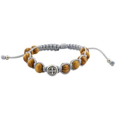 Imagem de Pulseira com medalha de São Bento | Santo padroeiro dos estudantes e Europa | Cordão cinza ajustável | Contas de madeira de oliveira | Grande presente católico para primeira comunhão e confirmação, sem pedra preciosa, Sem pedra preciosa