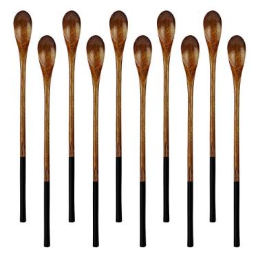 Imagem de Colheres de chá geladas de madeira, AOOSY 9,13 polegadas, 10 peças, 100% madeira natural, alça longa, colheres de bebida, coquetel, mexedor de coquetel