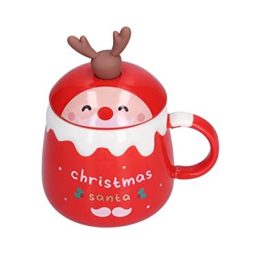 Imagem de Caneca de café de natal, 450ml caneca de cerâmica de novidade tema de natal bonito com tampa e colher, adorável presente de natal para amigos, famílias(Red Santa)