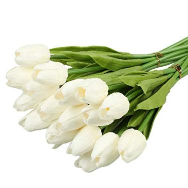 Imagem de Vlovelife 20 cabeças de flores artificiais tulipas brancas de toque real tulipas de poliuretano falsas flores buquês de casamento arranjo de flores buquê de casa quarto central de mesa festa decoração de casamento