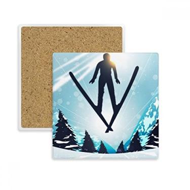 Imagem de Esqui Árvore Esqui Aquarela Quadrada Porta-copos Porta-copos Caneca Suporte Subplaca Pedra de Isolamento