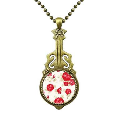 Imagem de Colar vermelho rosa com desenho de planta de arte em formato de violão antigo com pingente de música