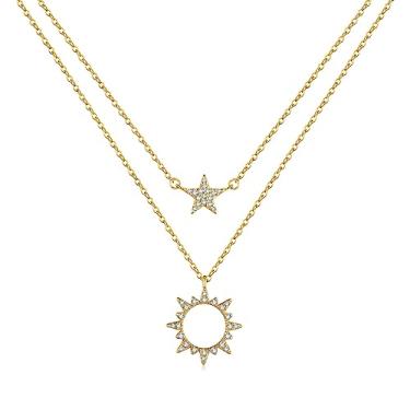 Imagem de Colar feminino prata esterlina S925 18K dupla camada desgaste estrela sol 5A corrente pingente zircão, ajustável, colar de presente, Ouro, Zircão