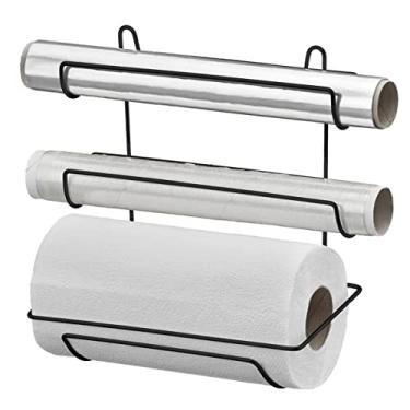 Imagem de Porta Papel Toalha de Parede Preto Suporte Suspenso Triplo para Rolos Alumínio Filme PVC