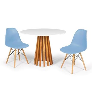 Imagem de Conjunto Mesa de Jantar Talia Amadeirada Branca 100cm com 2 Cadeiras Eames Eiffel - Azul Claro